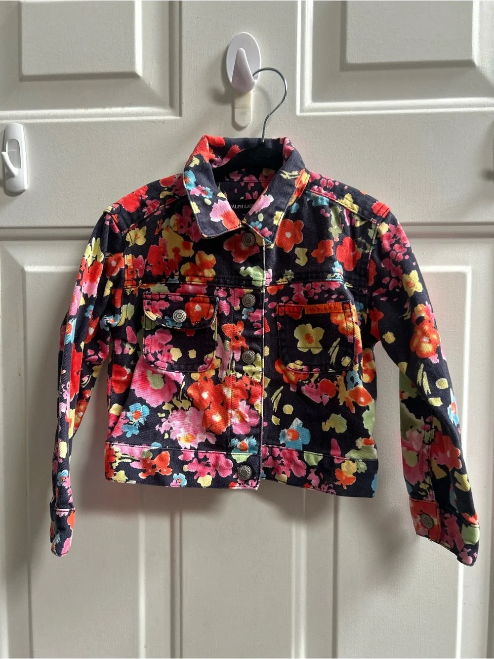 Ralph Lauren Black Floral Print Denim Jacket with Bright Blooms Sz 4T